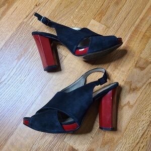 Diane von Furstenberg Size 8 Black Suede & Red Peep Toe Slingback Heels